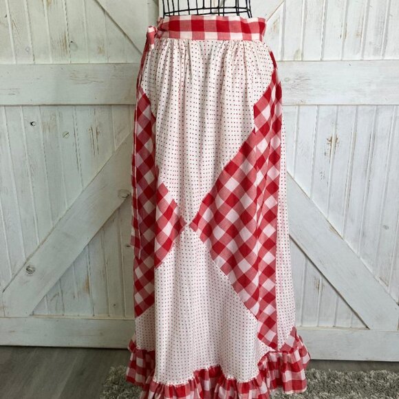 60's Vintage Ellen Tracy Red White Gingham Check Polka Dot Prairie Maxi Skirt - Picture 5 of 7